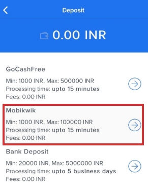 click on the deposit tab and select Mobikwik to add money