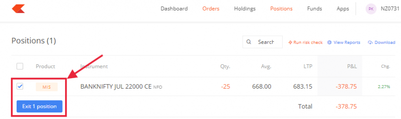 Square off the position using exit tab
