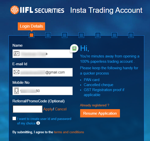 Start the IIFL online demat application with login creation