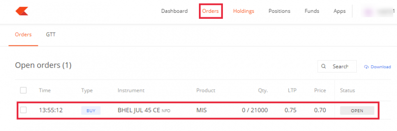 Status of the order on the order book page