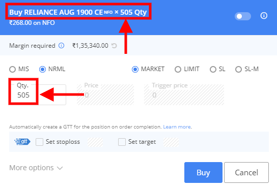 Reliance Call Option with underlying 505 shares