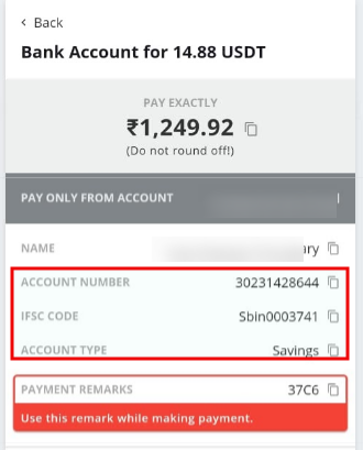 P2P account details of the seller