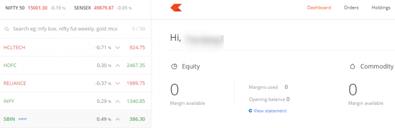 Zerodha Kite trading platform
