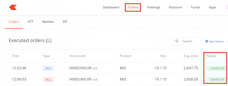 HUL Intraday Final Order status