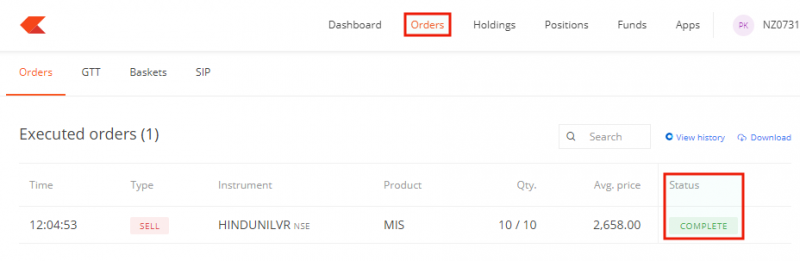 HUL Intraday Sell complete in order book