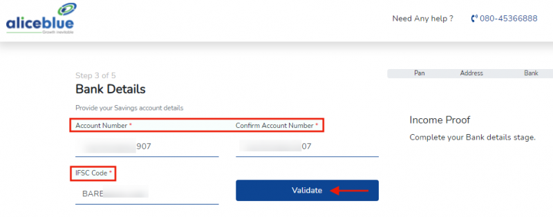 Alice Blue Account opening - Bank details