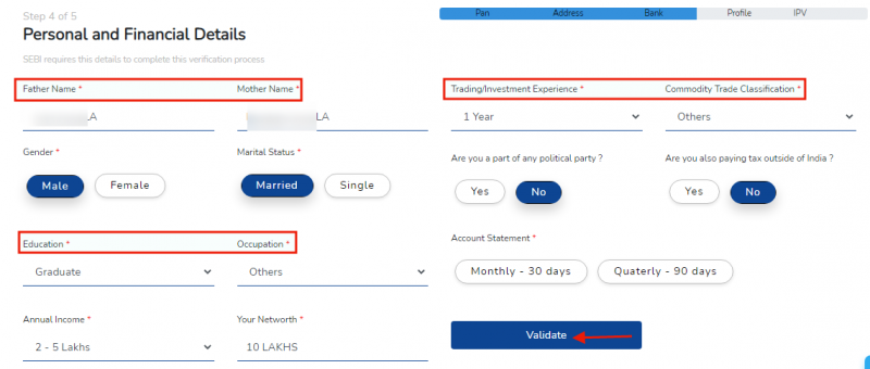Alice Blue Account opening personal and financial details