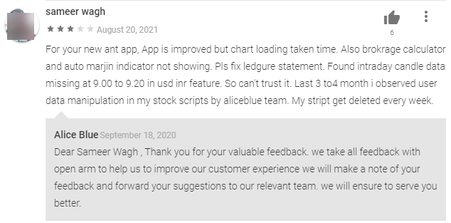 Alice Blue Play store reviews