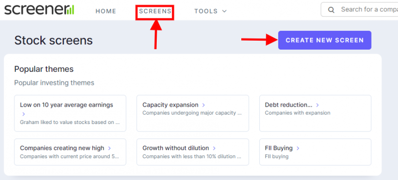 Using Screener tool for creating new screen